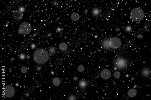 Falling snow and snowflakes on a black background.