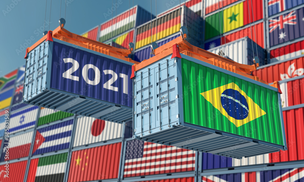 Trading 2021. Freight container with Brazil flag. 3D Rendering 