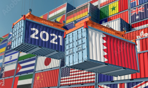 Trading 2021. Freight container with Bahrain flag. 3D Rendering © Marius Faust