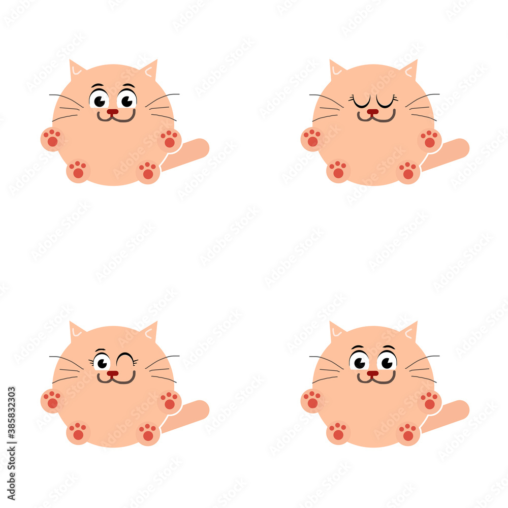 The set of four cute cats with big eyes, isolated on the white background The set of four cute cats with big eyes, isolated on the white background