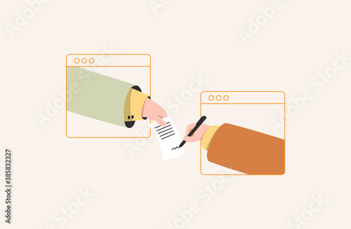 Two business partners hands working signing contract a document on online from long distance