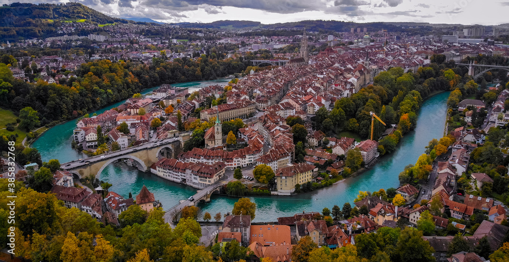 Panoramic view over the city of Bern - the capital city of Switzerland - travel photography - obrazy, fototapety, plakaty 