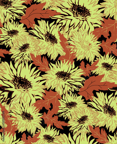 Autumn Chrysanthemum flowers in full bloom. Contour and silhouette freehand floral ornate vector. Seamless pattern with Flowers on black. Hand drawn floral elements for textile, fabric, wallpaper.