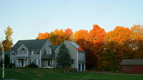  residential house with sunlight on autumn woods in backyard