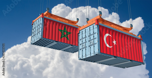 Freight containers with Turkey and Morocco national flags. 3D Rendering © Marius Faust