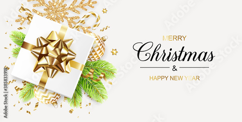Merry Christmas and Happy New Year banner with gift box, golden glitter snowflakes, balls, fir tree and confetti on white background. Vector ilustration.