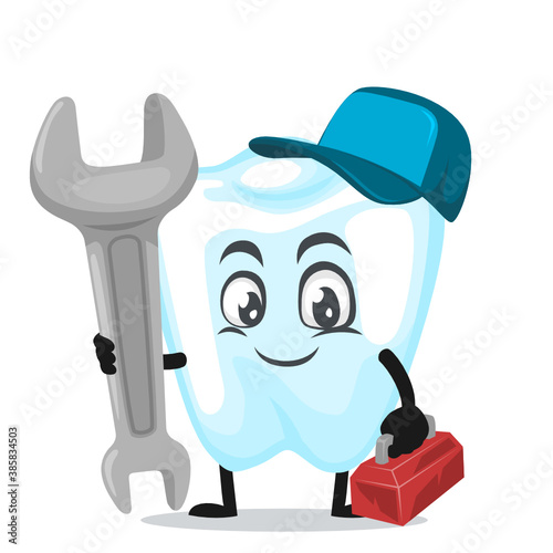 vector illustration of dental mascot or character wearing service costume and holding wrench