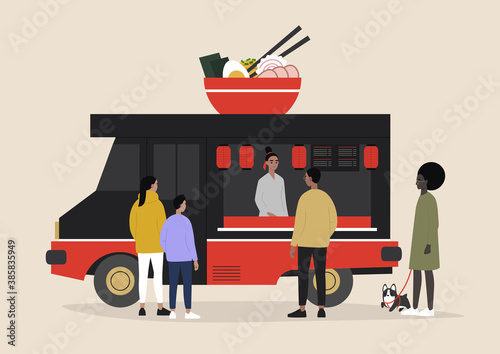 A Japanese ramen food truck, people ordering and waiting their takeaway food