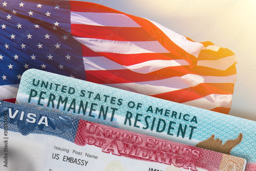 VISA United States of America. Green Card US Permanent resident card. Work and Travel VISA. Immigration to the USA. Immigration visa. Embassy US or USA. Vacation in the USA. Visa in passport. - obrazy, fototapety, plakaty 
