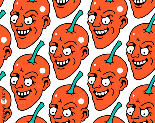 Seamless pattern of angry chili peppers with faces (ID: 385837116)