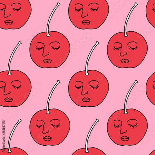 Seamless pattern of cute romantic cherries with faces (ID: 385837173)