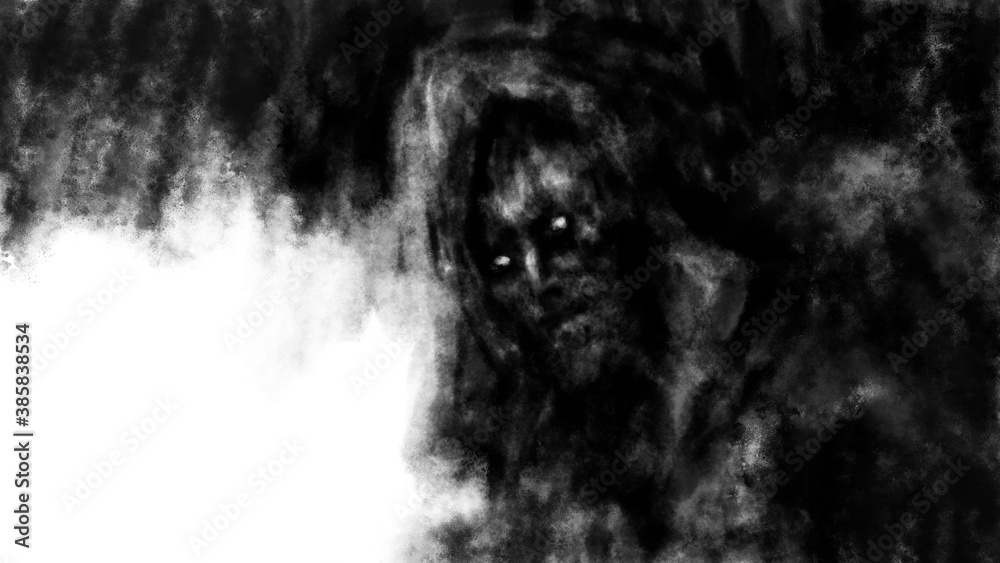 Scary human face in hood at exit cave. Man comes out of darkness into light. Black and white illustration in horror fantasy genre. Coal and noise effects. Gloomy character from Halloween nightmares. Scary human face in hood at exit cave. Man comes out of darkness into light. Black and white illustration in horror fantasy genre. Coal and noise effects. Gloomy character from Halloween nightmares.