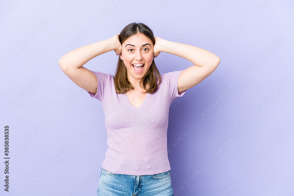 Young caucasian woman screaming, very excited, passionate, satisfied with something. Young caucasian woman screaming, very excited, passionate, satisfied with something.