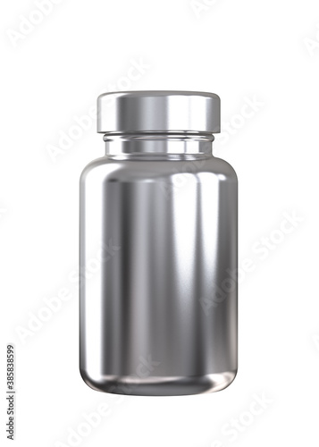 Metallic Plastic Bottle for Pills Packing with Metallic Lid. 3D Render Isolated on White Background.
