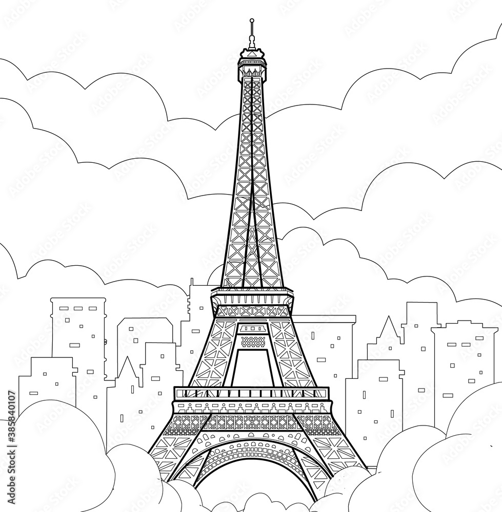 Obraz premium Eiffel Tower in Paris. Linear flat drawing. Vector line illustration