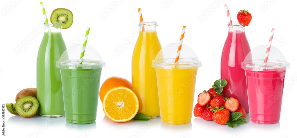 Smoothie smoothies fruit juice drink drinks straw in a bottle and cup  isolated Stock Photo | Adobe Stock