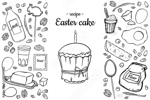 Illustration Recipe Easter cake. Set black outline objects for cooking isolated on white background. For cafe menu price