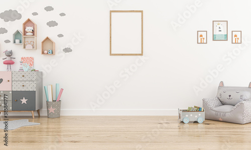 Kids Wall mock up with frame. Kids interior. Scandinavian interior. 3d rendering, 3d illustration