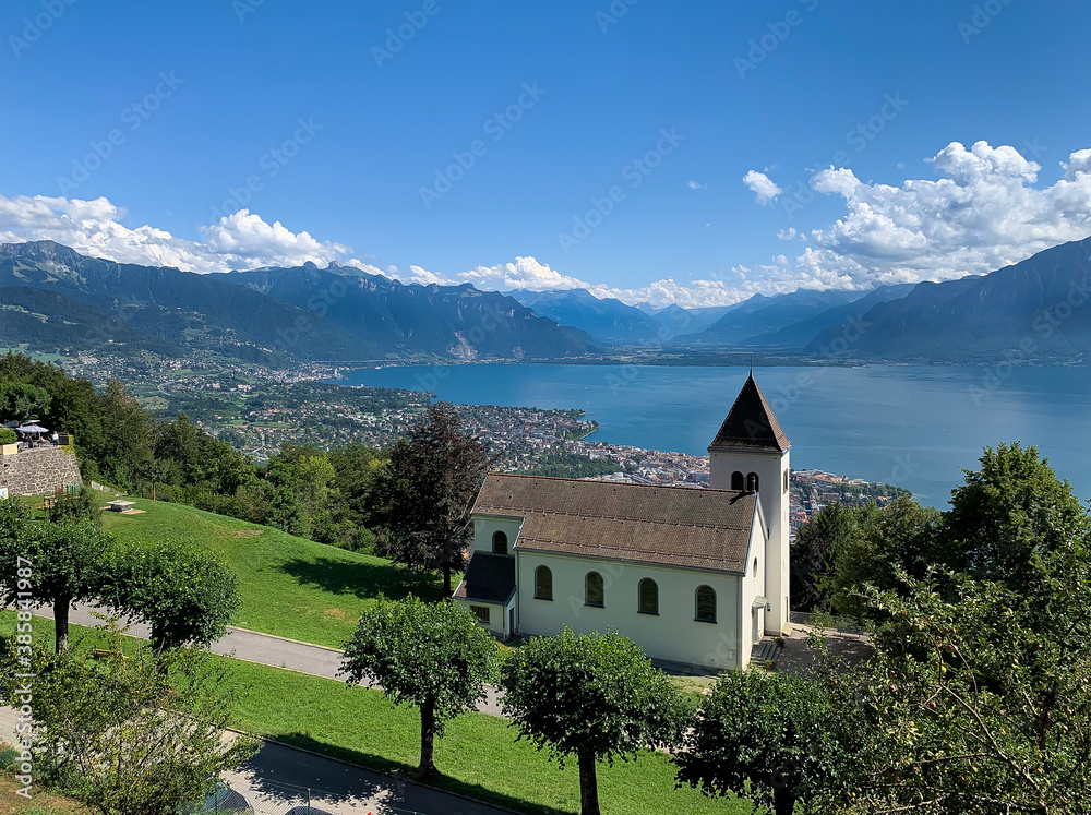 Church above Montreux and Lake Geneva in Switzerland