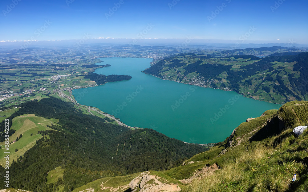 Panoramic view of a swiss landscape from Rigi mountain