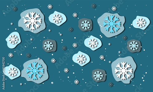 blue background with blue and white snowflakes in the style of paper cut effect. Winter snowy frosty background. Suitable for new year and Christmas banners, covers, and ads. photo