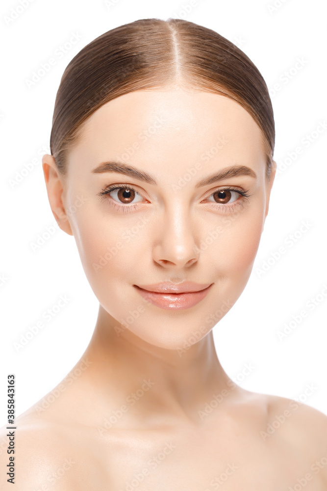 Vertical portrait of young smiling female with naked neck and shoulders, isolated on white background. Woman skincare concept Vertical portrait of young smiling female with naked neck and shoulders, isolated on white background. Woman skincare concept