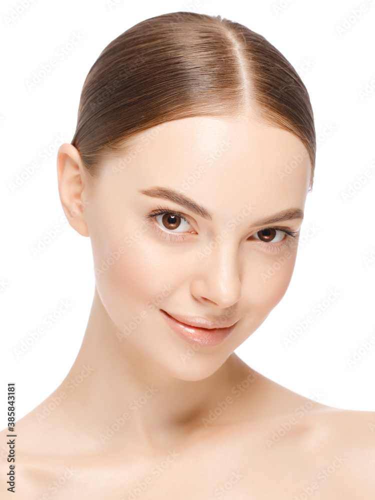 Vertical headshot close-up portrait of young woman with brown eyes isolated on white background. Concept of women beauty and skin care Vertical headshot close-up portrait of young woman with brown eyes isolated on white background. Concept of women beauty and skin care
