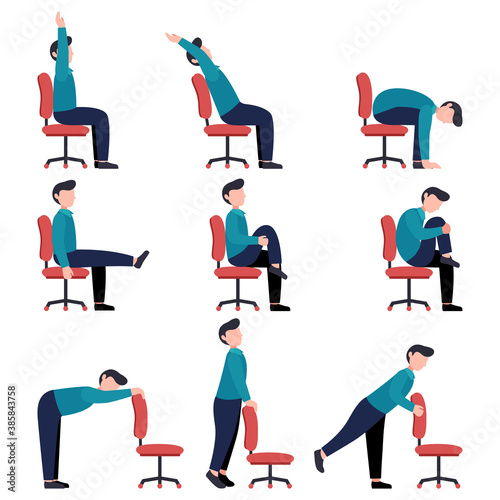 Set of men doing office chair yoga. Bundle of business man workout for healthy back, neck, arms, legs. Sport exercises for the wellbeing of workers. Vector illustration isolated on white background.