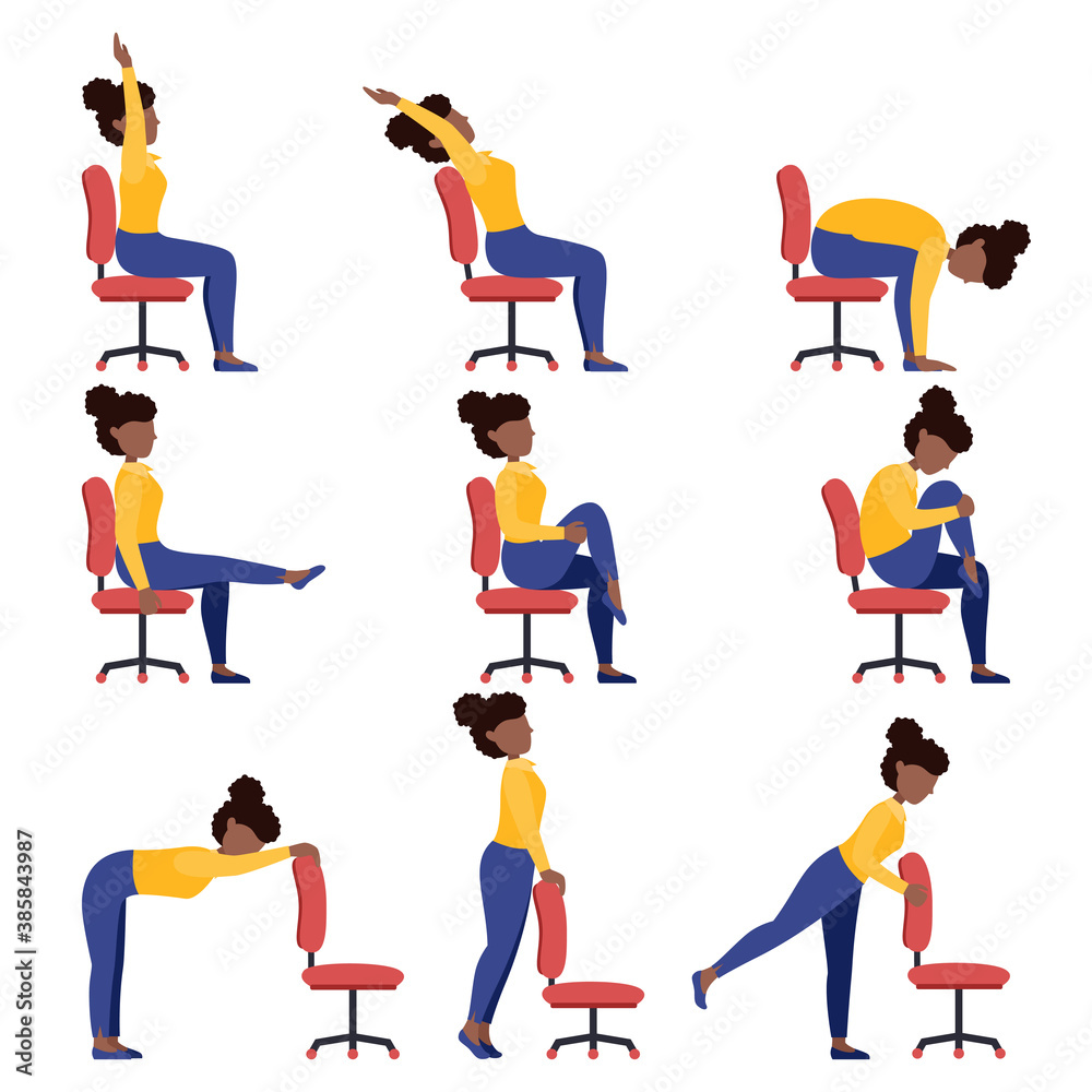 Set of black girls doing office chair yoga. Bundle of women workout for  healthy back, neck, arms, legs. Sport exercises for the wellbeing of  workers. Vector illustration isolated on white background.  Stock-Vektorgrafik