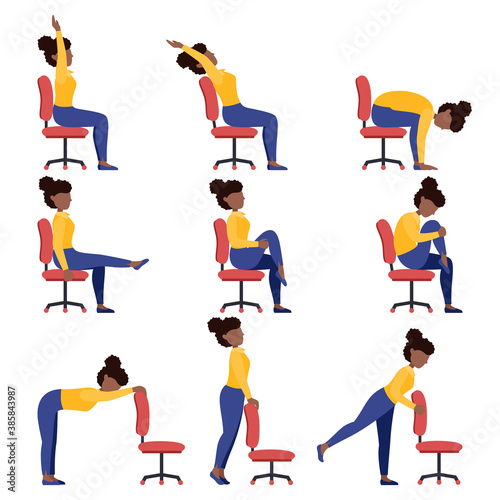 Set of black girls doing office chair yoga. Bundle of women workout for healthy back, neck, arms, legs. Sport exercises for the wellbeing of workers. Vector illustration isolated on white background.
