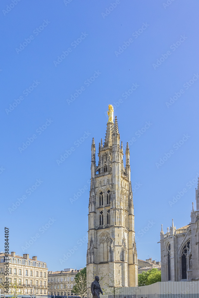 Tour Pey-Berland (Pey Berland Tower, 1440 - 1500), named for its patron Pey Berland, is the separate bell tower of the Bordeaux Cathedral, in Bordeaux at the Place Pey Berland. Bordeaux, France. Tour Pey-Berland (Pey Berland Tower, 1440 - 1500), named for its patron Pey Berland, is the separate bell tower of the Bordeaux Cathedral, in Bordeaux at the Place Pey Berland. Bordeaux, France.
