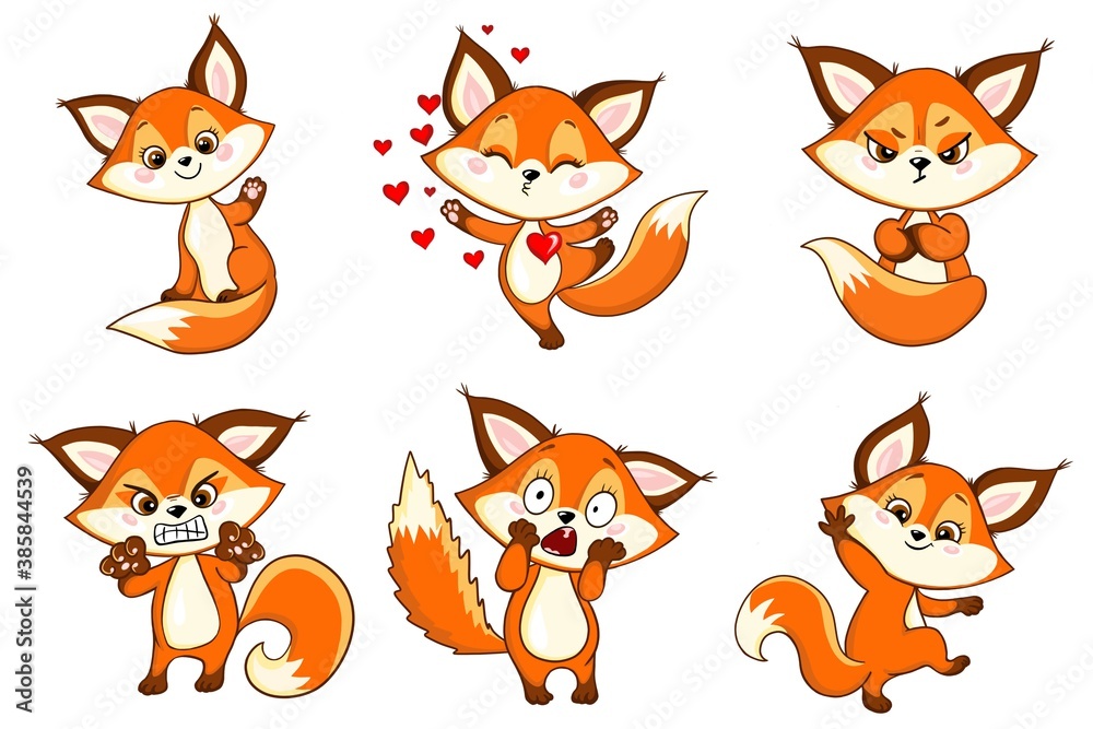 a set of stickers with a little cute fox for printing on baby products, mugs or children souvenirs