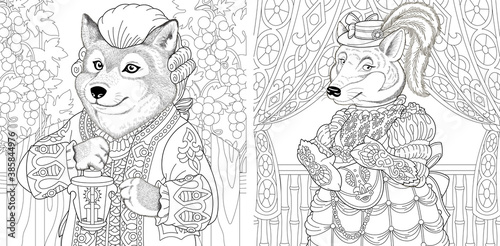Coloring page. Wolf man and woman. Line art drawing for adult or kids coloring book in zentangle style. Vector illustration.