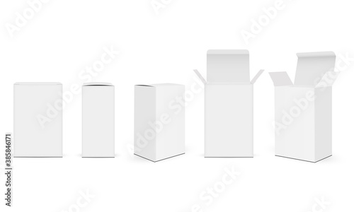 Set of paper rectangular packaging boxes mockups with different views, isolated on white background. Vector illustration