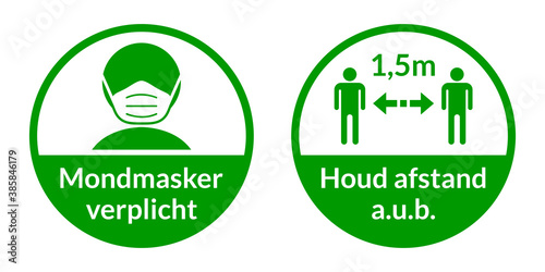 Set of Round Coronavirus Instruction Sticker Signs in Dutch "Mondmasker verplicht" (Face Masks Required) and "Houd afstand a.u.b." 1,5 m (Please Keep Your Distance 1,5 Metres). Vector Image.