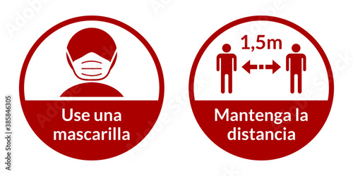 Set of Round Coronavirus Instruction Sticker Signs in Spanish "Use una mascarilla" (Wear a Face Mask) and "Mantenga la distancia" 1,5 m (Keep Your Distance 1,5 Metres). Vector Image.