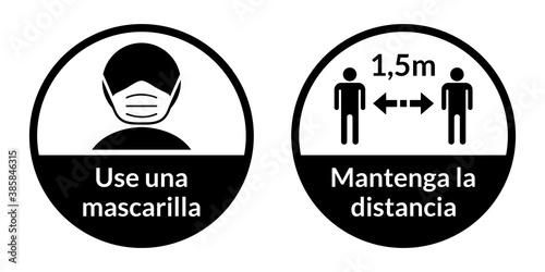 Set of Round Coronavirus Instruction Sticker Signs in Spanish "Use una mascarilla" (Wear a Face Mask) and "Mantenga la distancia" 1,5 m (Keep Your Distance 1,5 Metres). Vector Image.