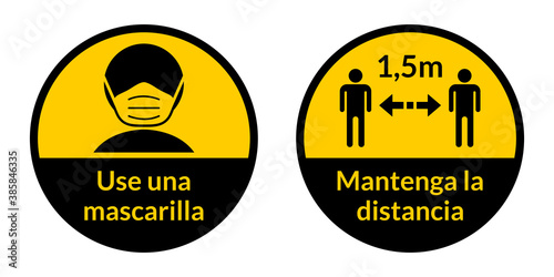 Set of Round Coronavirus Instruction Sticker Signs in Spanish "Use una mascarilla" (Wear a Face Mask) and "Mantenga la distancia" 1,5 m (Keep Your Distance 1,5 Metres). Vector Image.