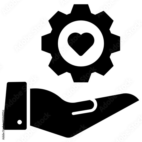 
Heart in cog over human hand, friendship icon vector 
