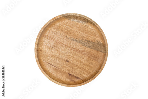 Round wooden plate isolated on white background, top view.