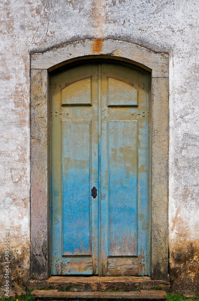 Ancient church door in historical city of Ouro Preto, Brazil  