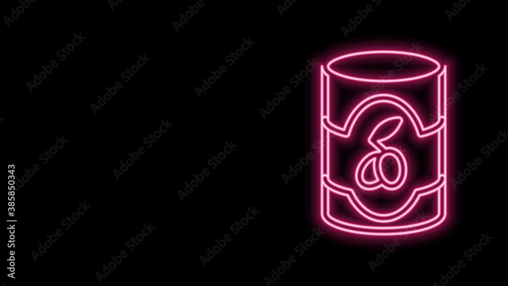 Glowing neon line Olives in can icon isolated on black background. Concept of canned food. 4K Video motion graphic animation Glowing neon line Olives in can icon isolated on black background. Concept of canned food. 4K Video motion graphic animation