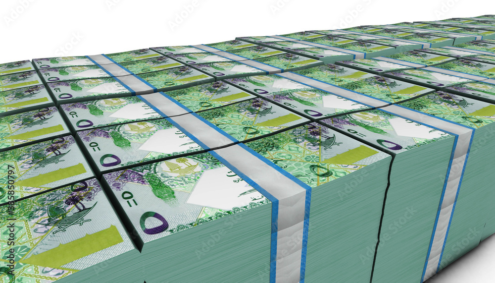 Fototapeta premium 3D Pile of 5 Qatar Riyals Money banknote