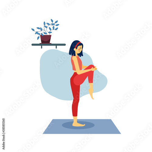 Woman practicing yoga at home. Healthy lifestyle - Vector