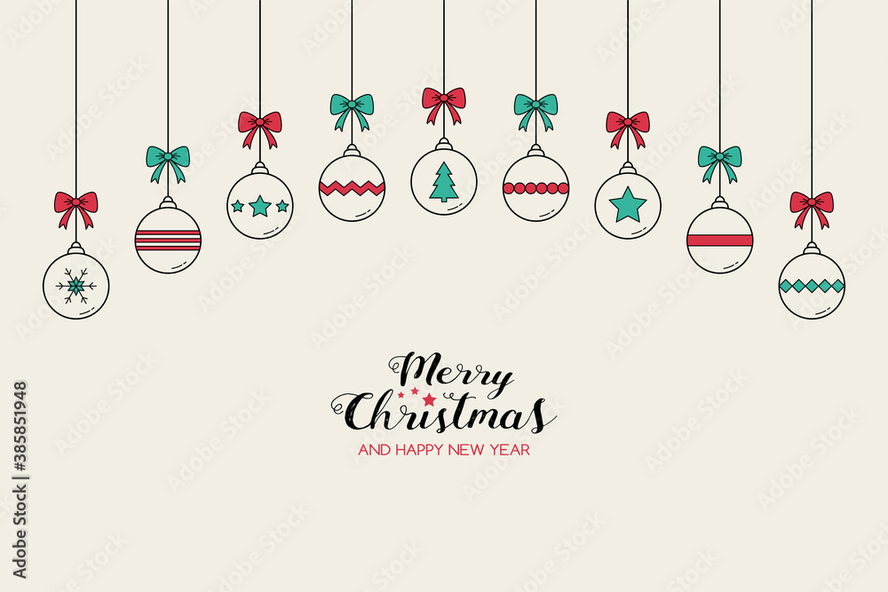 Naklejka premium Xmas greeting card with decorations. Hanging Christmas balls with text. Vector