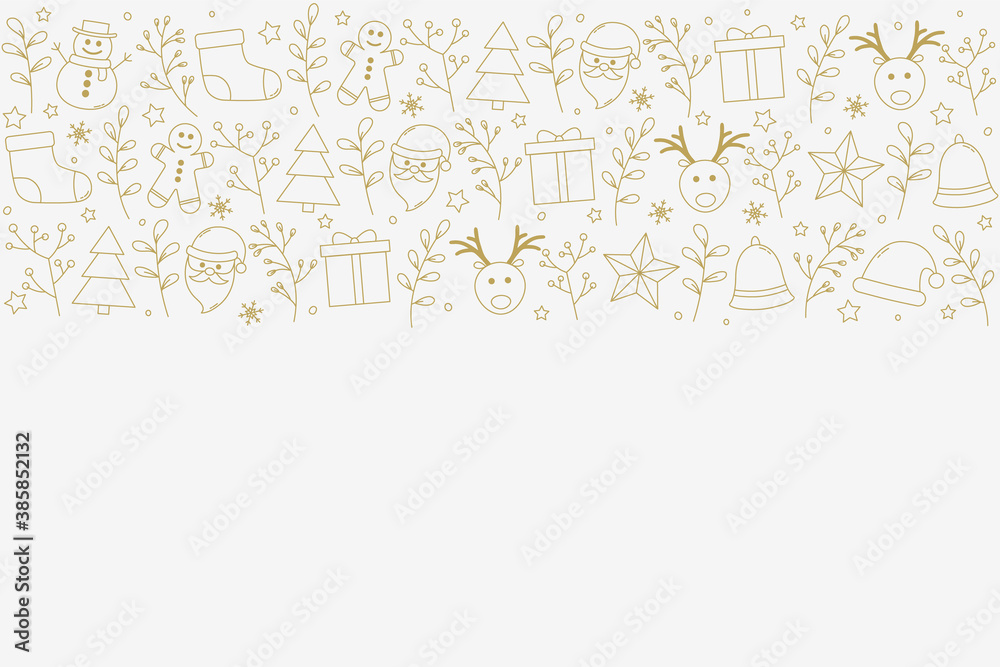 Christmas greeting card with copyspace. Xmas background with decorative icons. Vector