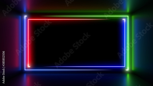 Colorful neon lamps in a dark corridor. Reflections on the floor. 3d rendering image.