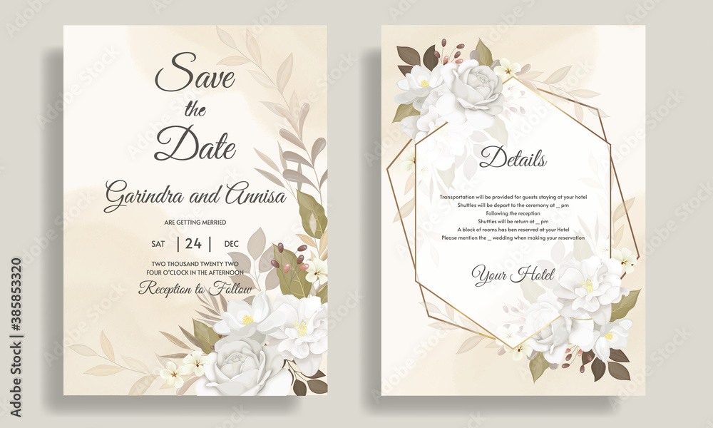  Elegant wedding invitation card template set with beautiful white floral and leaves Premium Vector