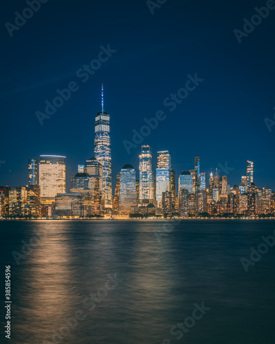 View of the Lower Manhattan skyline at night from Jersey City  New Jersey