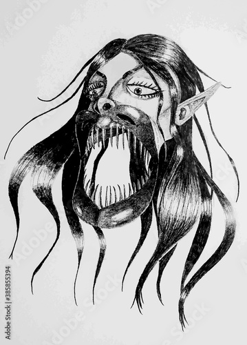 pencil illustration of a female monster mask vectorized